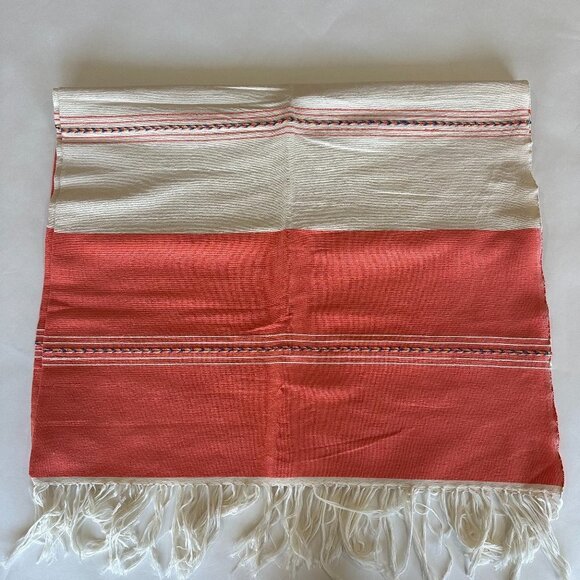 Cream & Orange/Coral Striped Woven Mexican Beach Blanket or Tablecloth - Picture 1 of 4